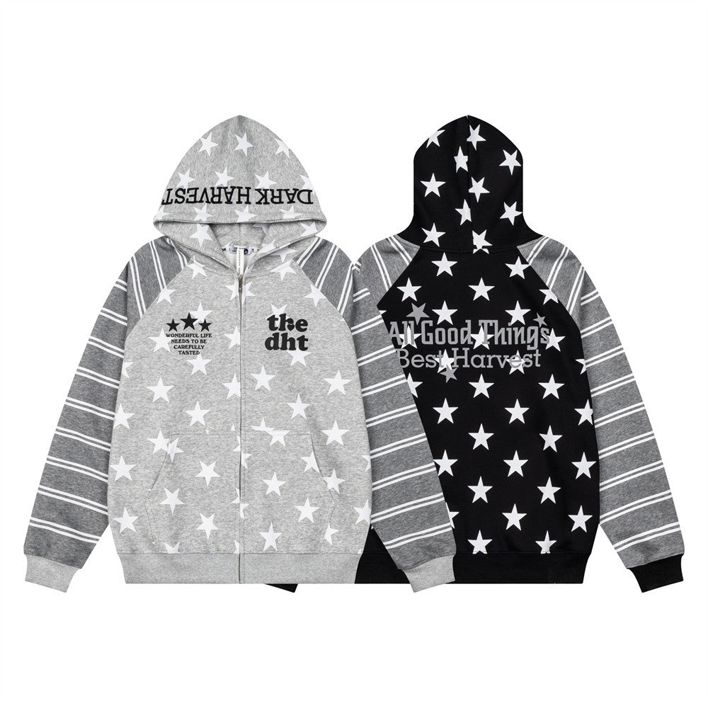 Star Print Zip-Up Hoodie with Striped Raglan Sleeves – Oversized Streetwear