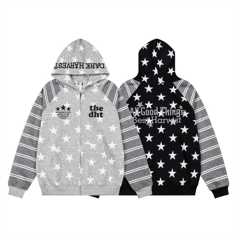 Star Print Zip-Up Hoodie with Striped Raglan Sleeves – Oversized Streetwear