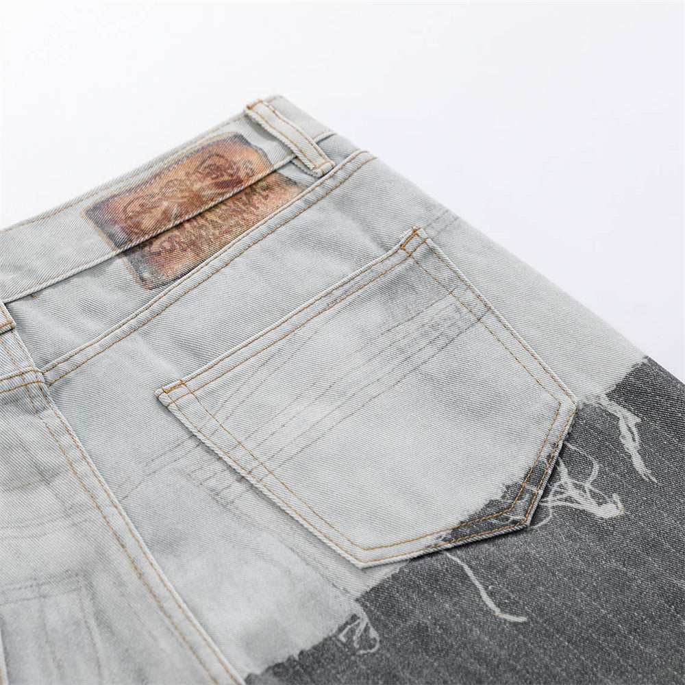 Two-Tone Distressed Wide-Leg Jeans – Contrast Wash Straight Denim