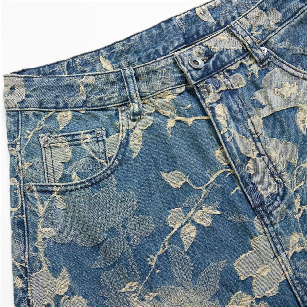 Floral Jacquard Wide-Leg Jeans – Vintage Washed Baggy Denim with Raised Flower