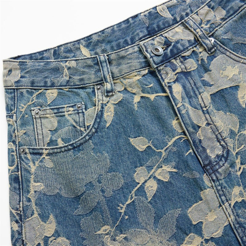 Floral Jacquard Wide-Leg Jeans – Vintage Washed Baggy Denim with Raised Flower