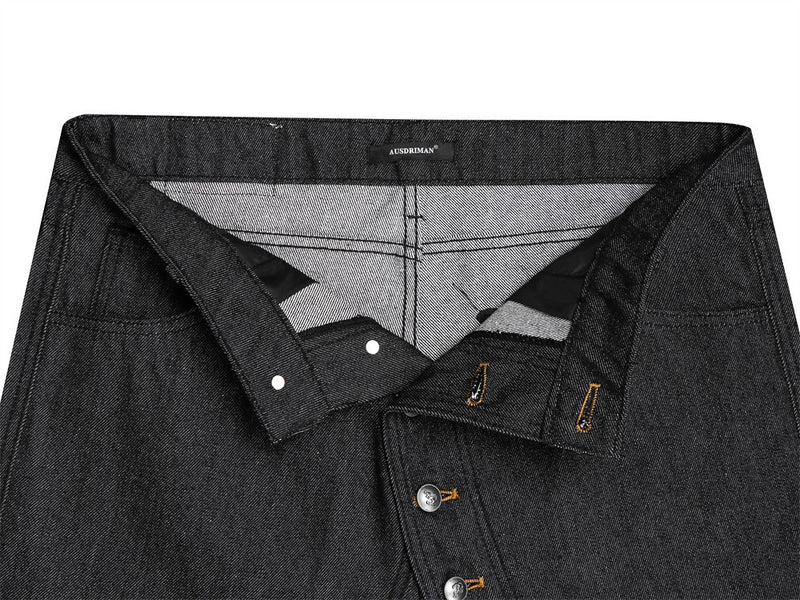 Men's Black Baggy Wide-Leg Jeans with Diagonal Button Fly