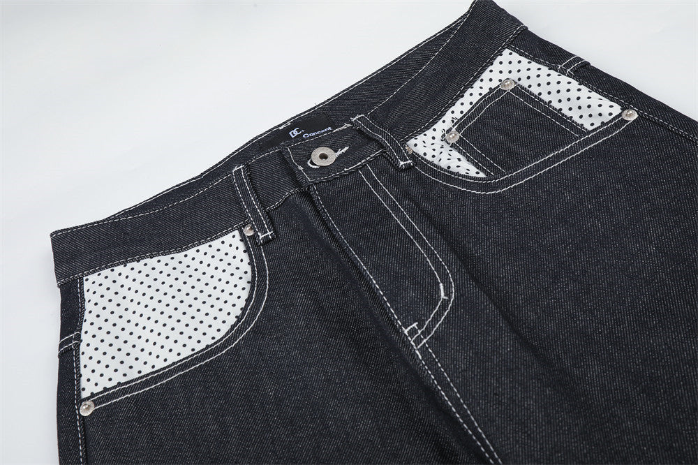 Jean homme droit – Denim foncé à jambes larges avec patchwork à pois