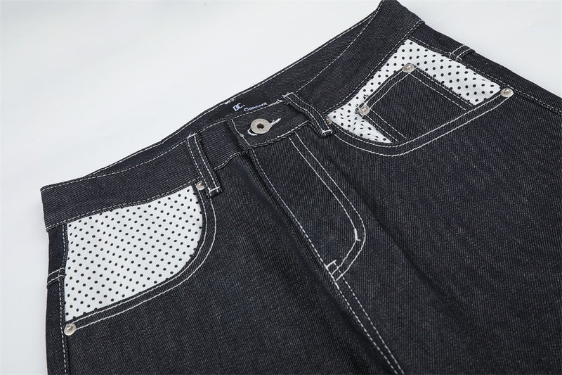 Jean homme droit – Denim foncé à jambes larges avec patchwork à pois
