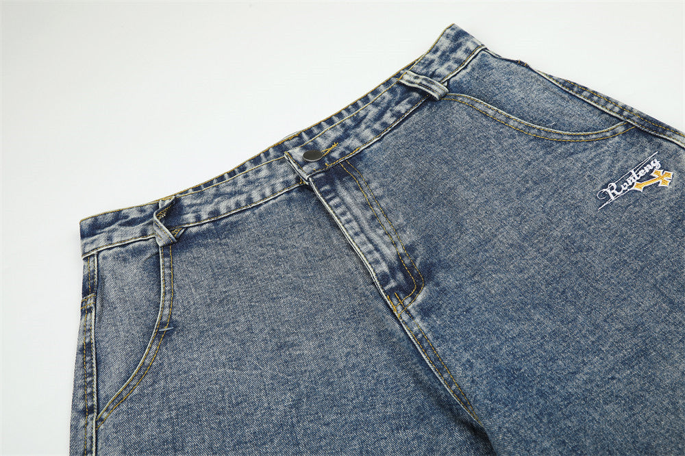 Wide-Leg Baggy Jeans with Cross Pocket Embroidery & Washed Distressed Finish