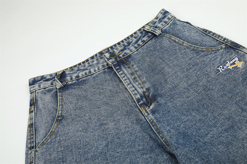 Wide-Leg Baggy Jeans with Cross Pocket Embroidery & Washed Distressed Finish