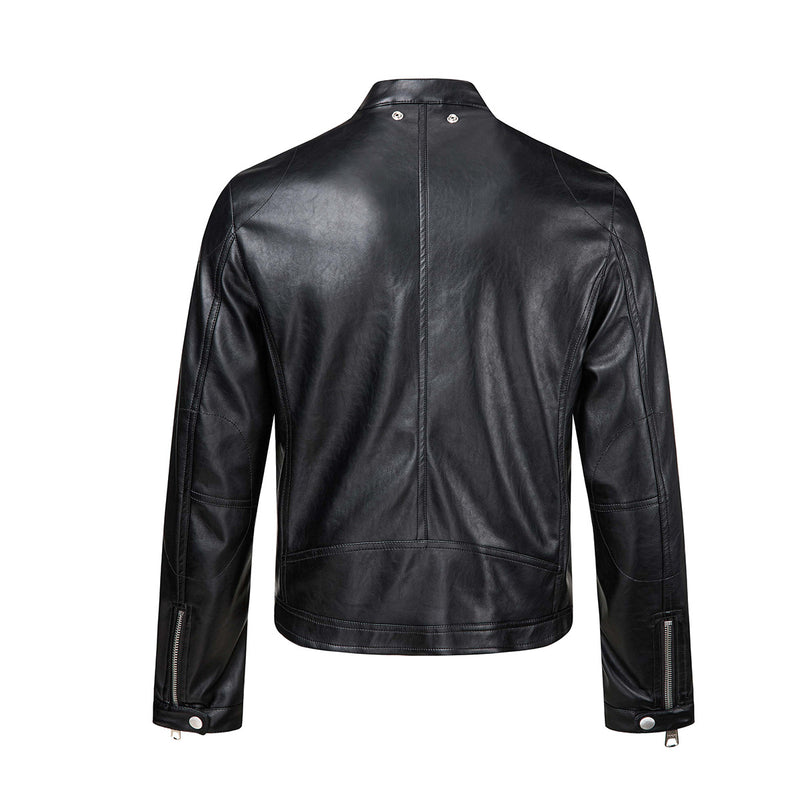 Black PU Leather Moto Jacket – Vintage Biker Style with Stand Collar & Silver