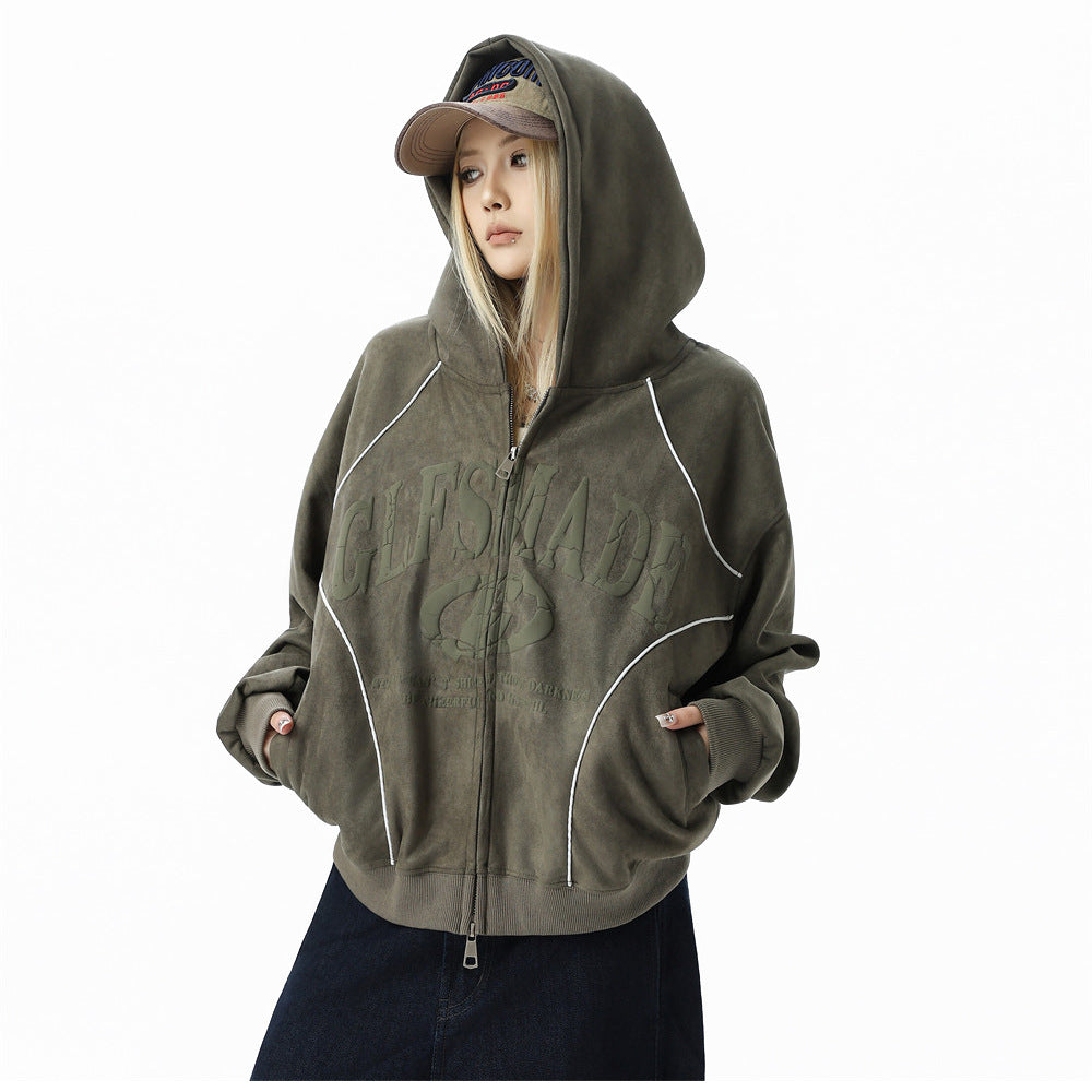 GLFSMADE Letter Print Zip-Up Hoodie – Double-Zip Oversized Streetwear Jacket