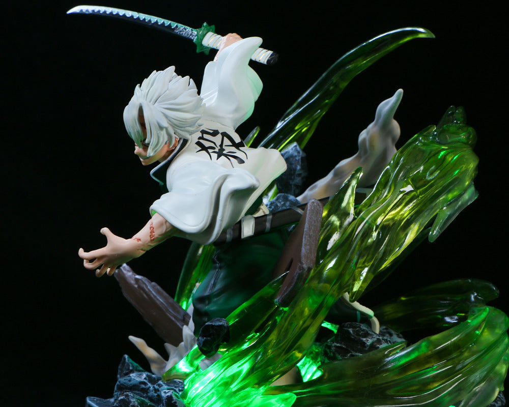 The Premium Demon Slayer Kaze Hashira Sanemi Shinazugawa Figure, a 30cm GK model with USB light-up effects, features the white-haired character in a white robe and green pants. Green energy details evoke motion, immersing him in the essence of the Demon Slayer universe.