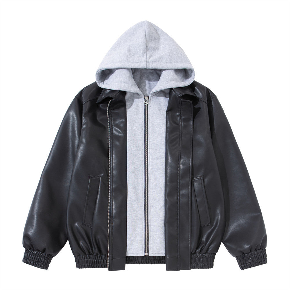 Faux Leather Hooded Bomber Jacket – Layered PU Zip-Up Oversized Coat