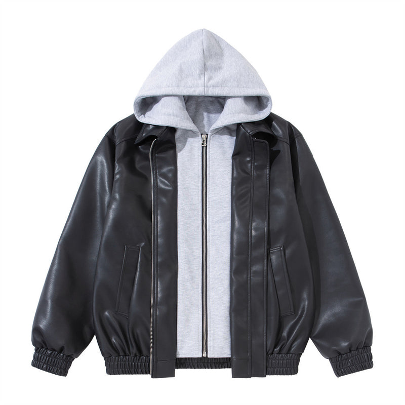 Faux Leather Hooded Bomber Jacket – Layered PU Zip-Up Oversized Coat