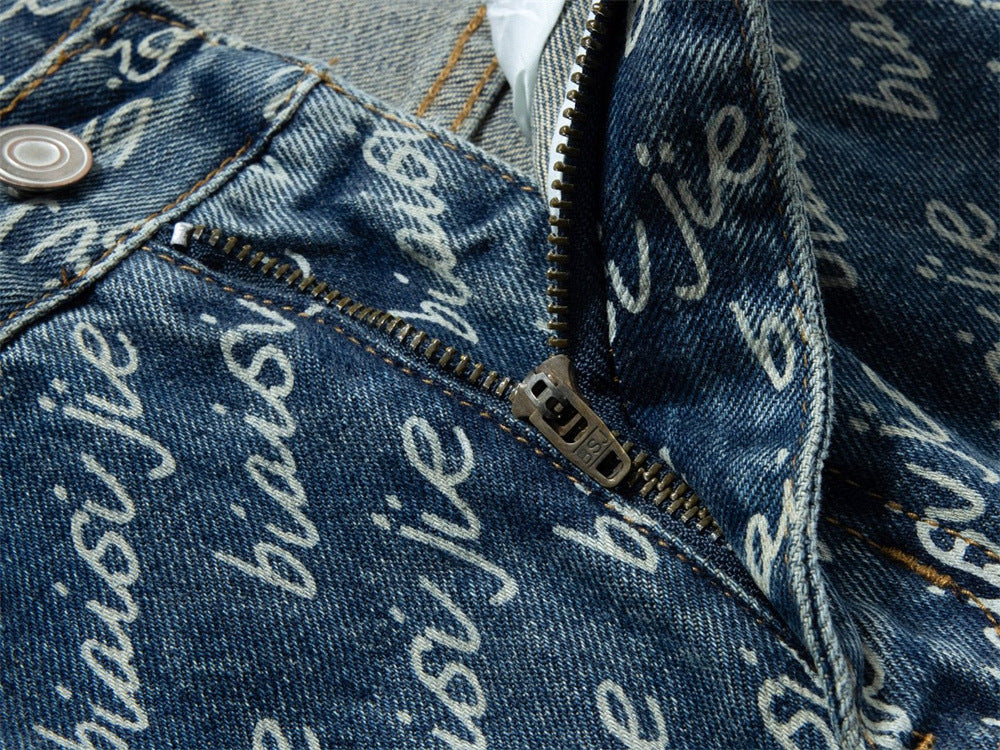 Men's Wide-Leg Jeans – Allover Script Letter Print, Loose Straight Fit