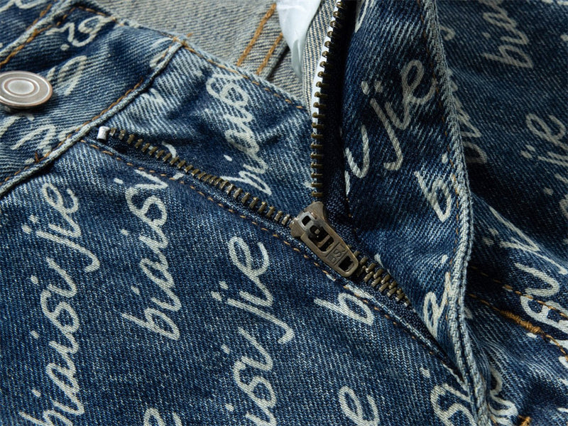 Men's Wide-Leg Jeans – Allover Script Letter Print, Loose Straight Fit