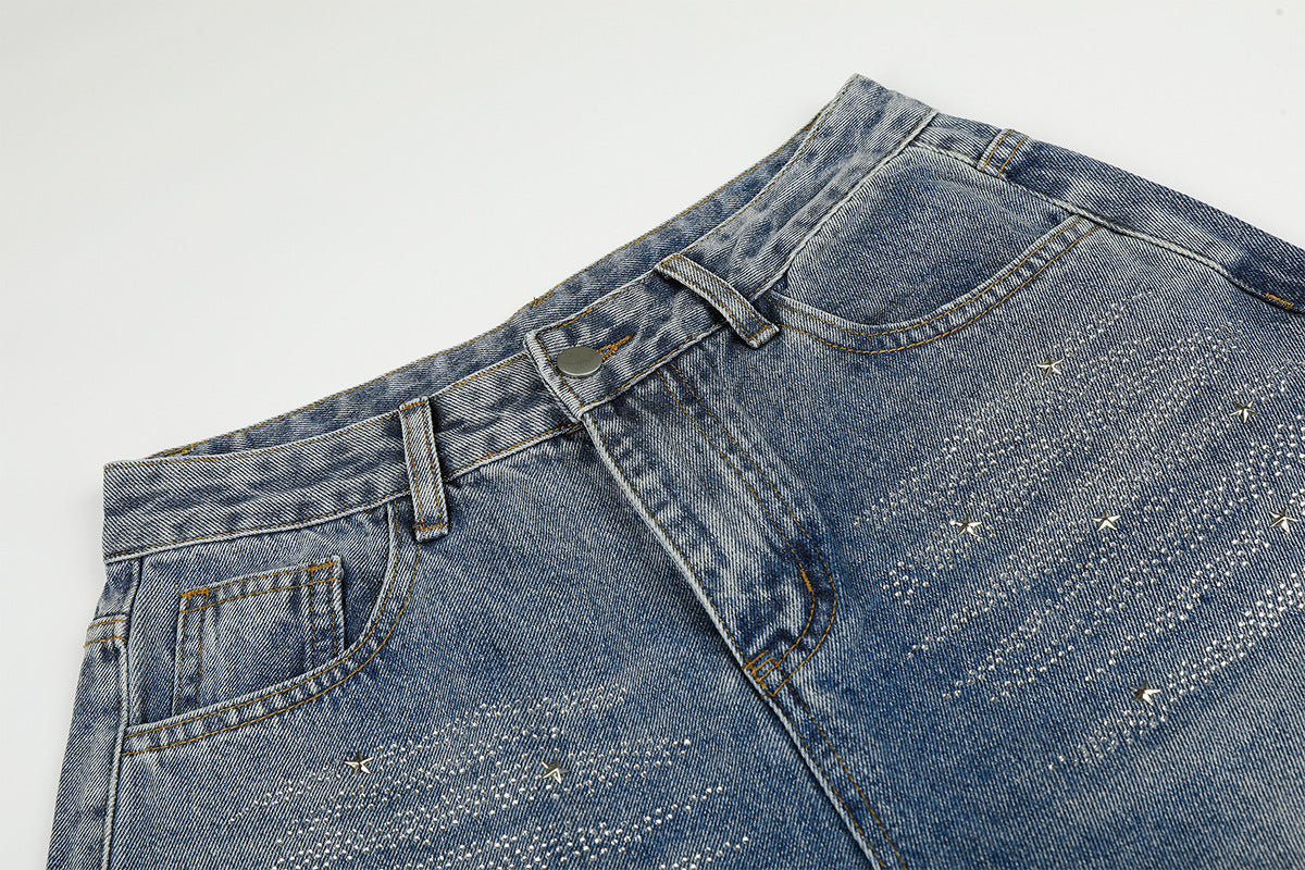 Jean baggy taille haute – Denim barrel à jambes larges avec étoiles en strass