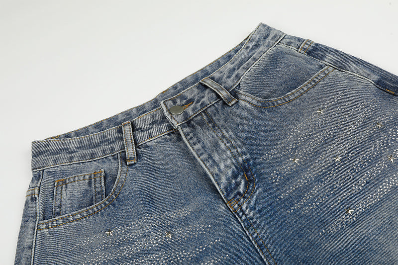 Jean baggy taille haute – Denim barrel à jambes larges avec étoiles en strass