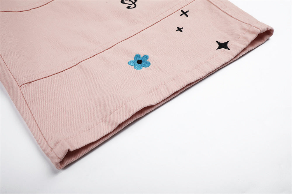 Cartoon Embroidery Wide-Leg Shorts with Plaid Tie Detail