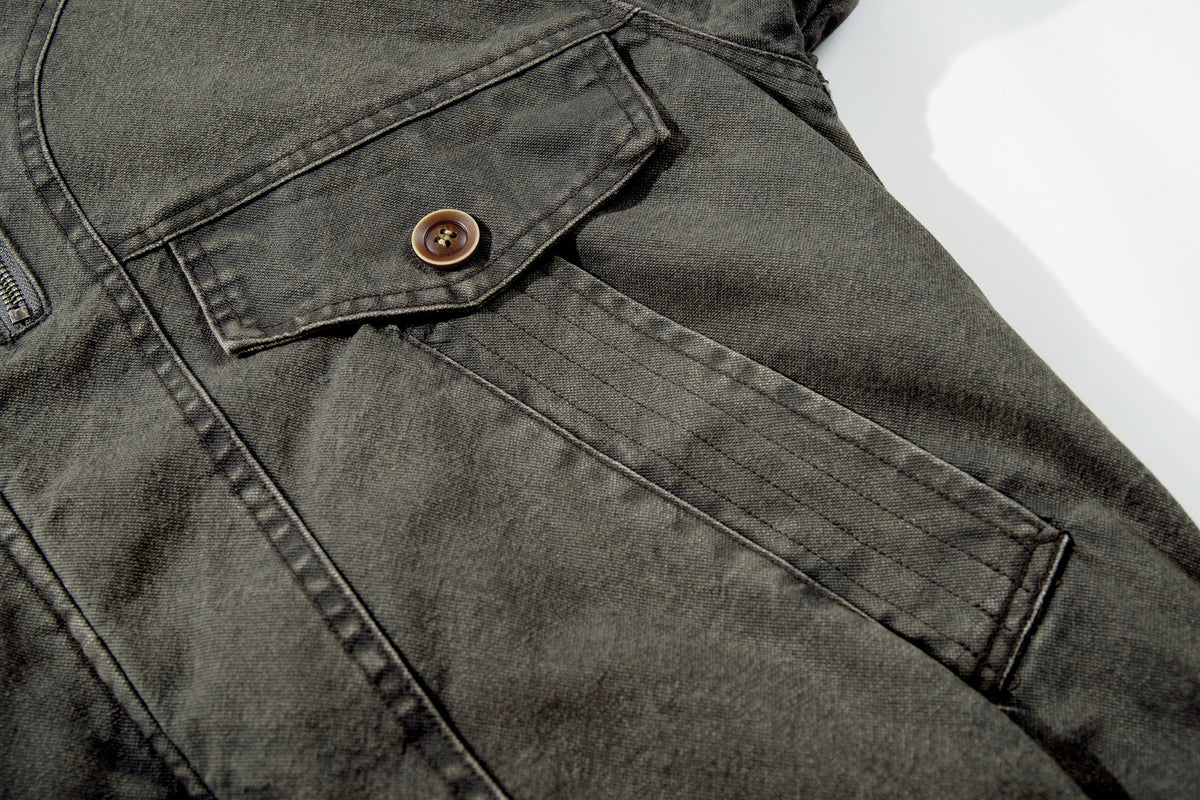 Washed Denim Fur-Collar Padded Jacket – Fleece-Lined Workwear Bomber
