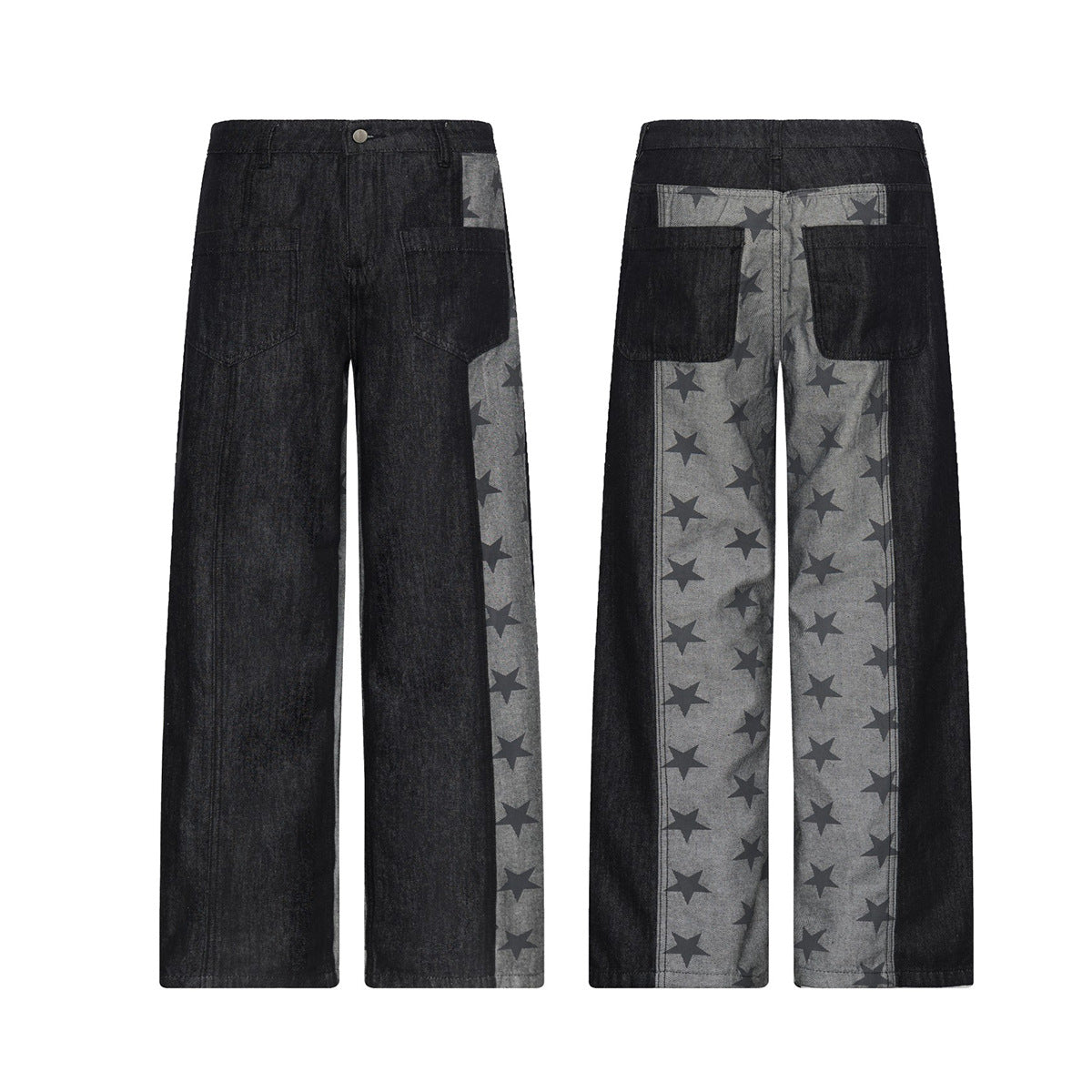Jean noir super baggy à jambes larges, empiècement patchwork gris imprimé étoiles sur l’extérieur de la jambe, vues avant et arrière