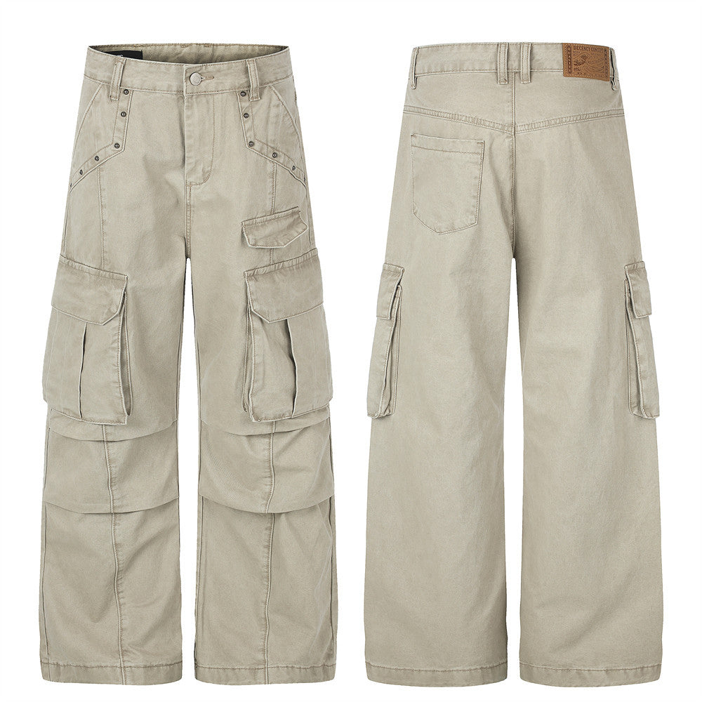 Pantalon cargo homme kaki à jambes larges, multi-poches, délavé vintage – Pantalon workwear