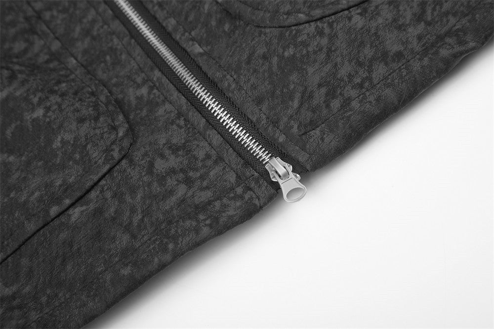 Men's Black Stand-Collar Moto Jacket – Textured Zip-Up Biker Coat