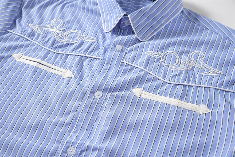 Men's Striped Long Sleeve Shirt – Oversized Western Embroidery & Dual Chest