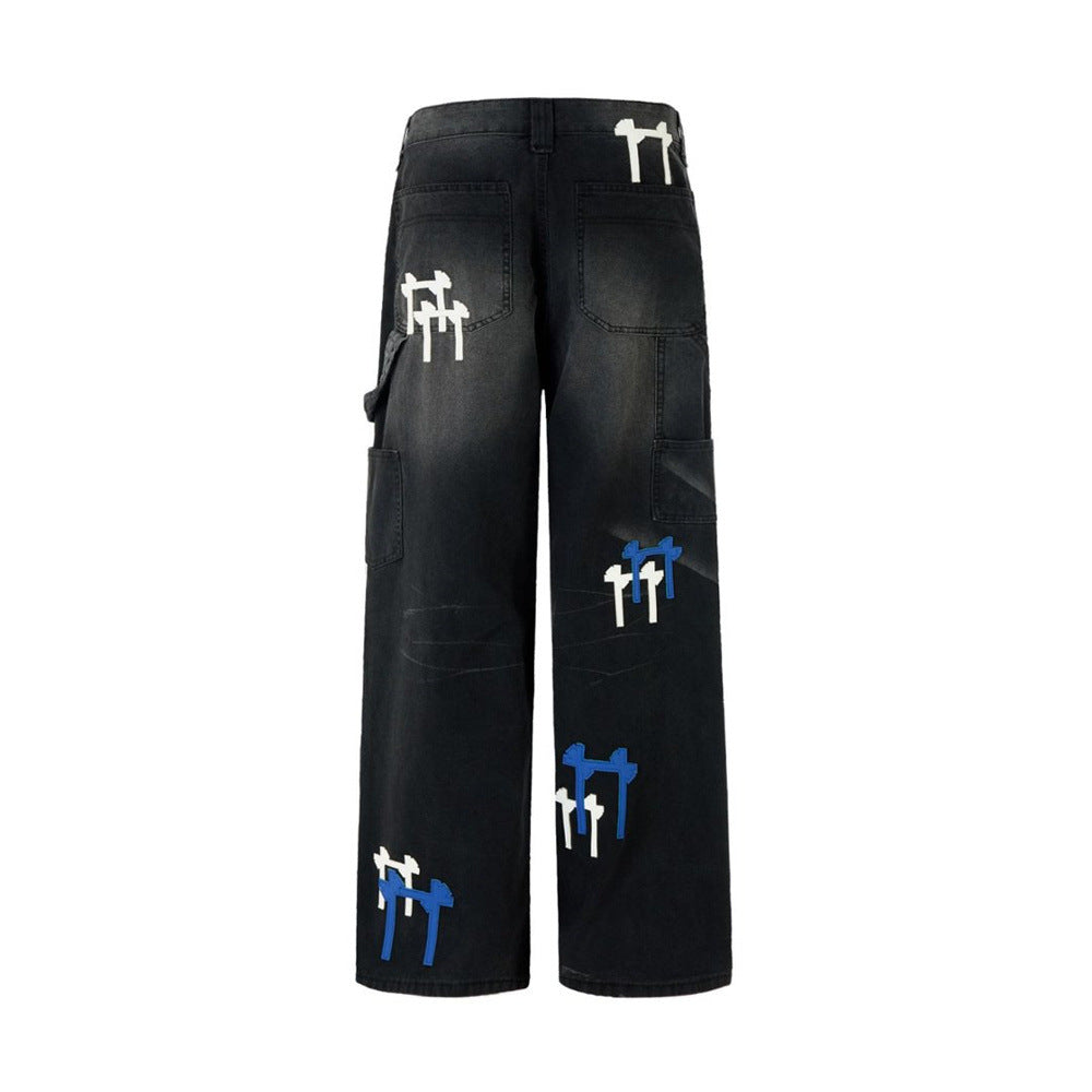 Black Washed Wide-Leg Cargo Jeans with Cross Embroidery Patches