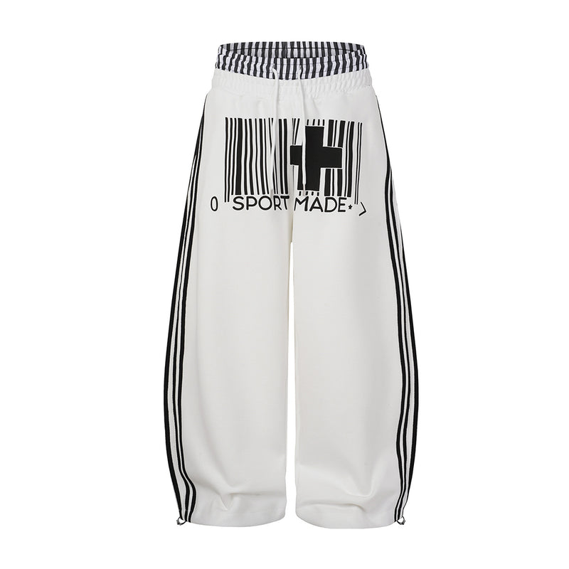 Wide-Leg Sweatpants with Barcode Cross Print & Double Waistband