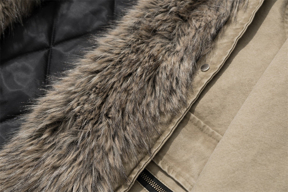 Men's Padded Canvas Jacket with Faux Fur Collar & Metal Toggle Closures