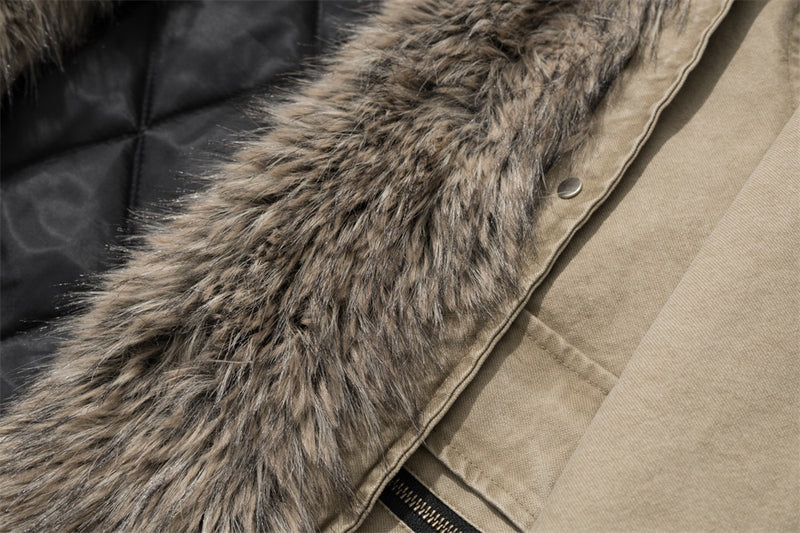 Men's Padded Canvas Jacket with Faux Fur Collar & Metal Toggle Closures