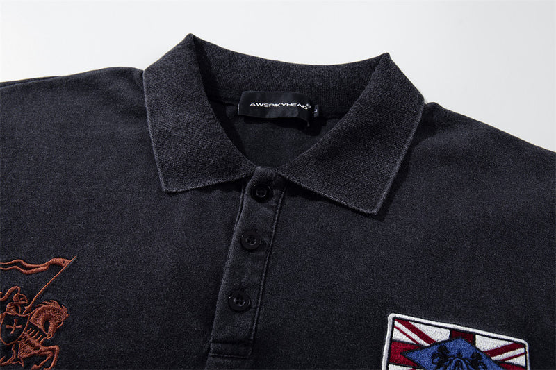 Long-Sleeve Polo Shirt with Western Region Embroidery & Union Jack Patch