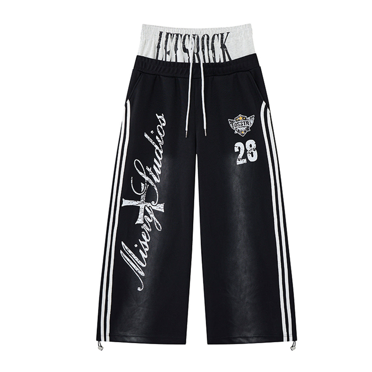 Pantalon de survêtement à jambes larges noir, avec double ceinture contrastante LETSROCK, trois bandes latérales et imprimé graphique Misery Studios