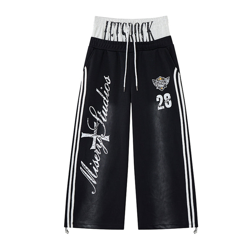 Pantalon de survêtement à jambes larges noir, avec double ceinture contrastante LETSROCK, trois bandes latérales et imprimé graphique Misery Studios