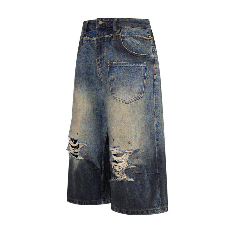 Ripped Wide-Leg Denim Shorts – Distressed Cargo Pocket Washed Jorts