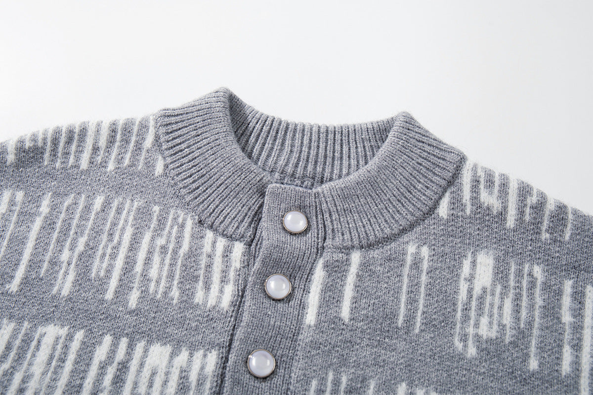 Abstract Stripe Jacquard Knit Sweater – Henley Neck, Oversized Fit