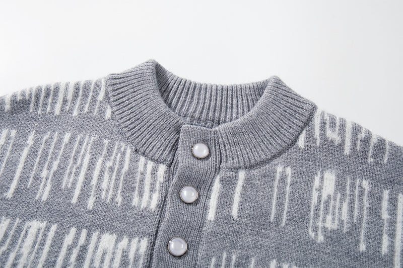Abstract Stripe Jacquard Knit Sweater – Henley Neck, Oversized Fit