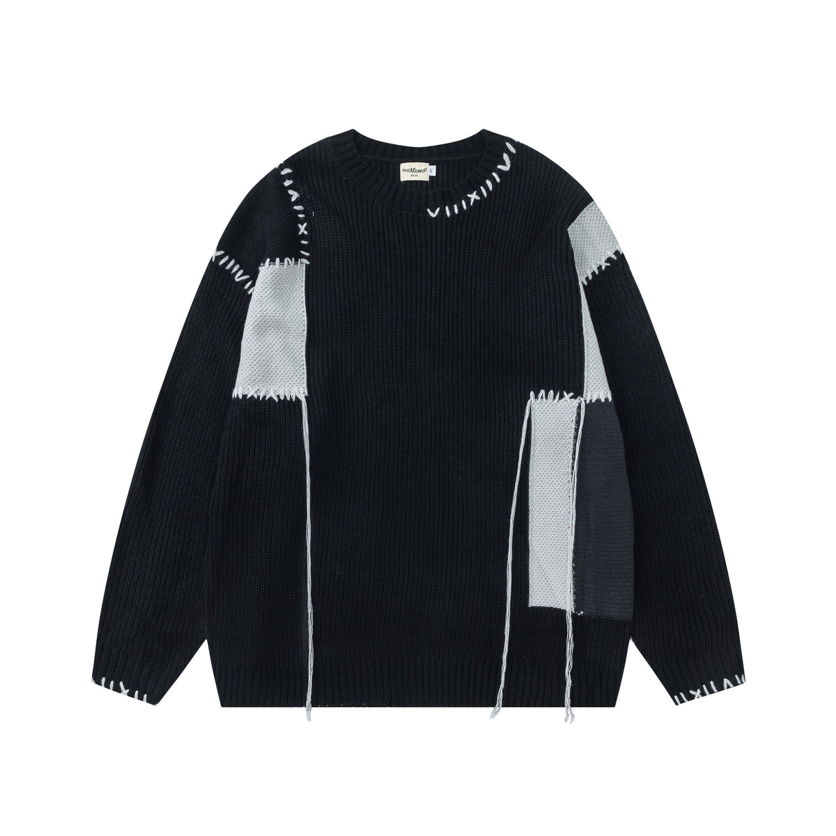 Pull homme en maille patchwork – Col rond vintage à franges américaines