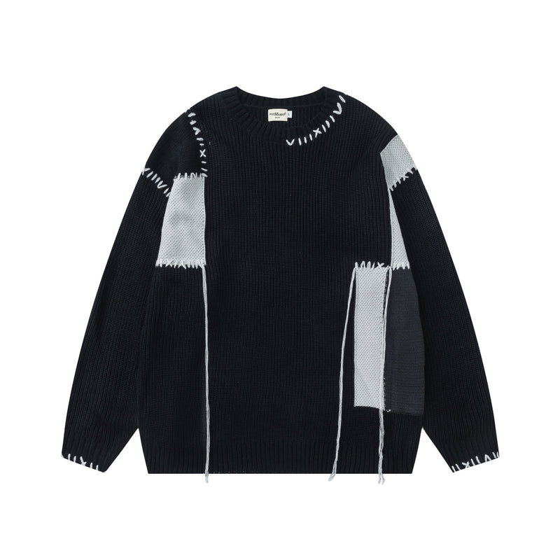 Pull homme en maille patchwork – Col rond vintage à franges américaines