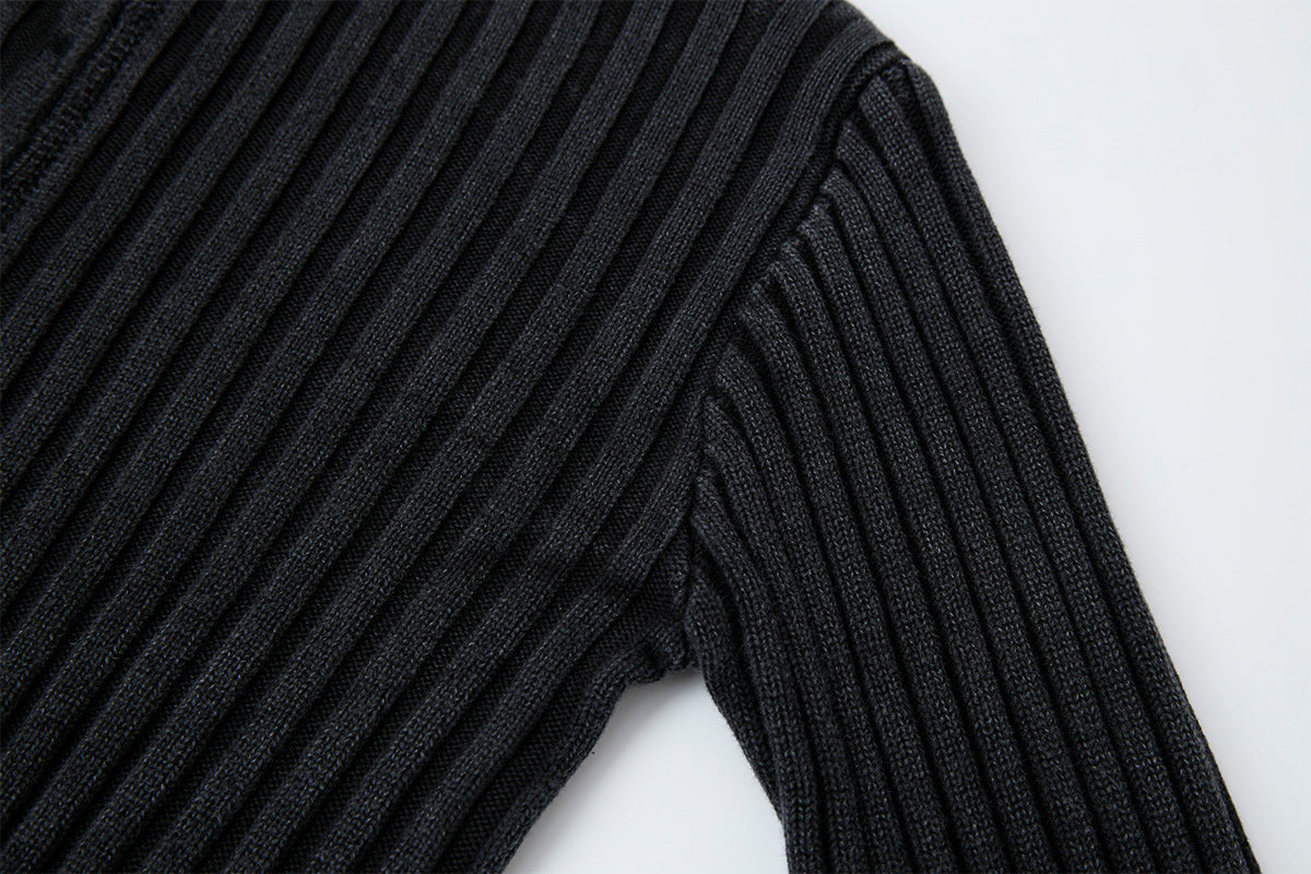 Ribbed Knit Mock-Neck Full-Zip Cardigan Sweater with Lightning Bolt Embroidery