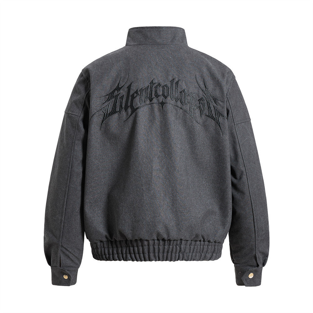 Gothic Letter Embroidered Cargo Bomber Jacket – Stand Collar, Multi-Pocket