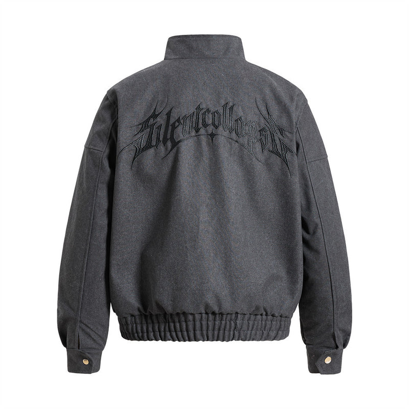 Gothic Letter Embroidered Cargo Bomber Jacket – Stand Collar, Multi-Pocket
