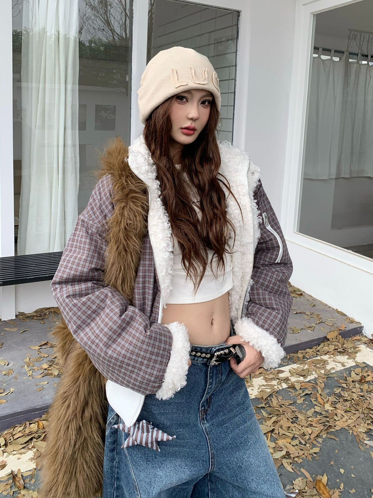 Reversible Plaid & Sherpa Bomber Jacket – Vintage 1988 Embroidered Padded Coat