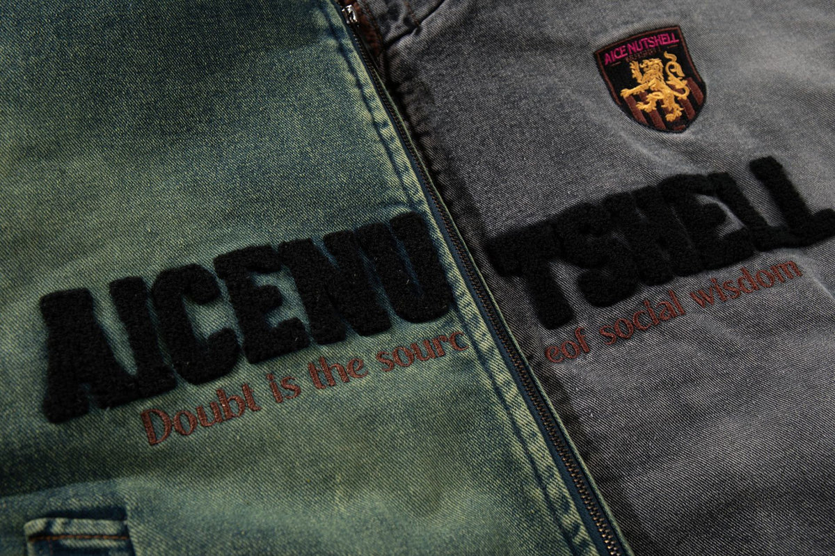 Washed Denim Padded Hoodie Jacket with Embroidered Logo & Sherpa Collar