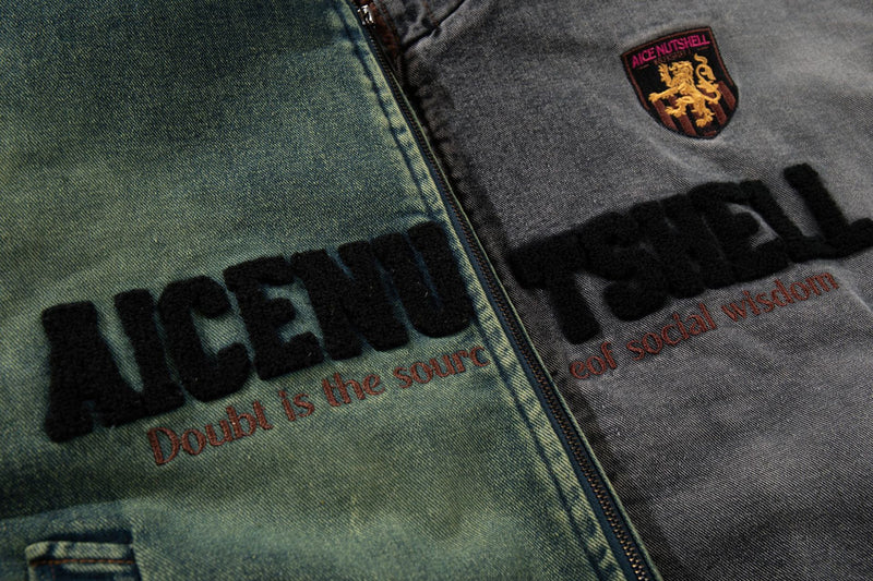 Washed Denim Padded Hoodie Jacket with Embroidered Logo & Sherpa Collar
