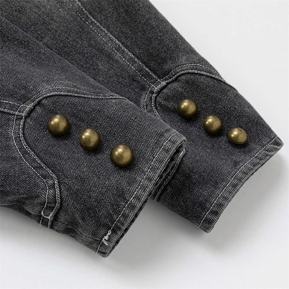 Men's Washed Denim Jacket with Metal Coin Chain Trim & Brass Buttons — Punk