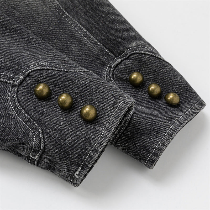 Men's Washed Denim Jacket with Metal Coin Chain Trim & Brass Buttons — Punk
