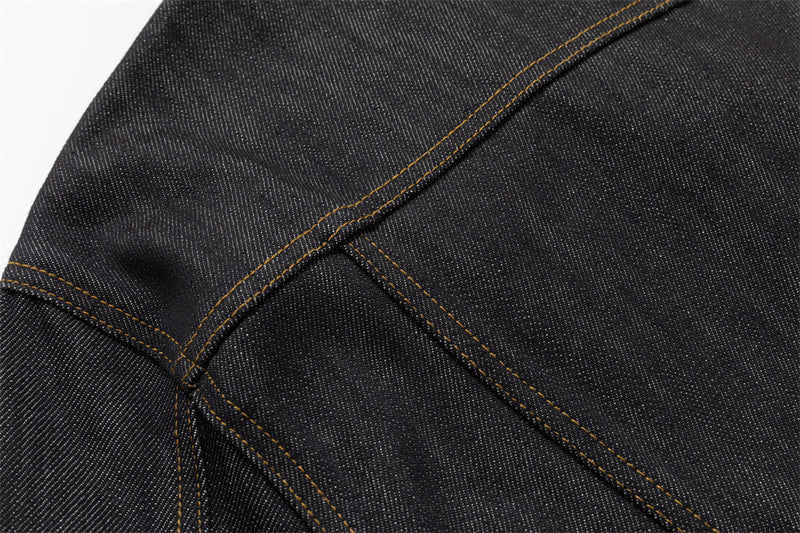 Men's Black Jean Jacket – Stand Collar, Asymmetric Placket & Cropped Silhouette