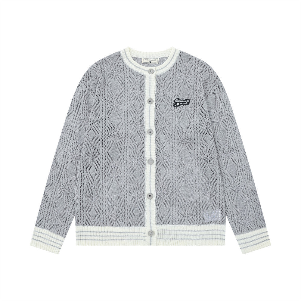 Cardigan en maille ajourée à col rond pour homme – Texture losanges, coupe décontractée