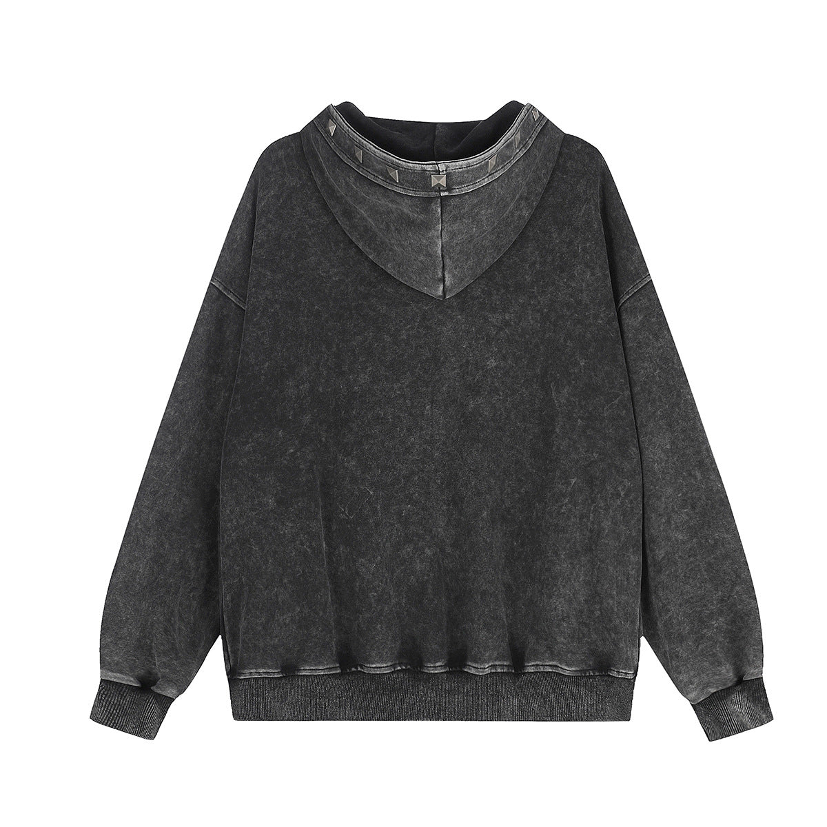 Acid Wash Zip-Up Hoodie with Pyramid Studs – Washed Black