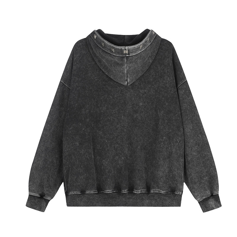Acid Wash Zip-Up Hoodie with Pyramid Studs – Washed Black