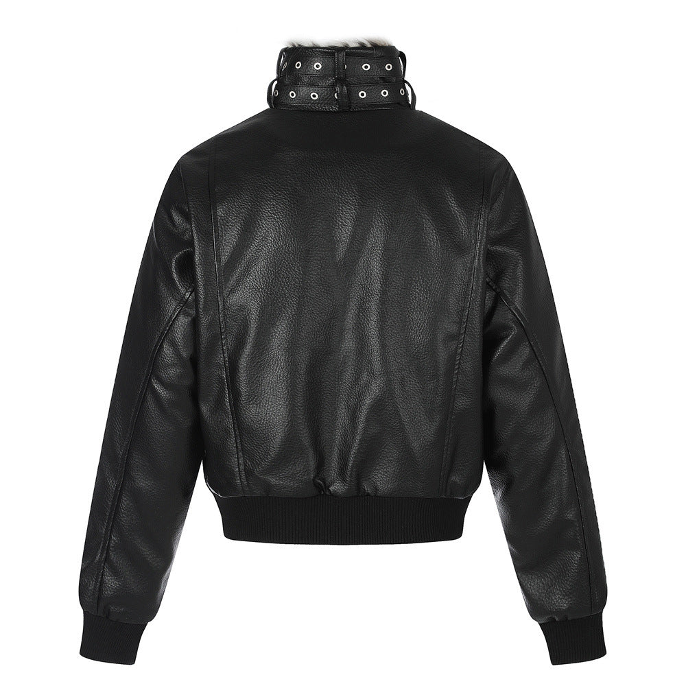 PU Leather Bomber Jacket with Faux Fur Collar & Buckle Strap Stand Neck